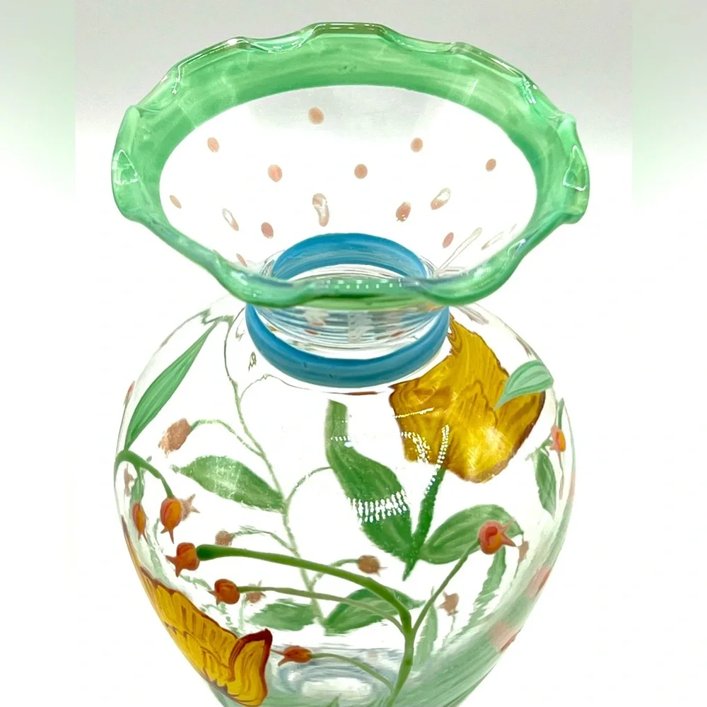 VTG Tracy Porter Hand Painted Glass Flower Vase Ruffled Rim Yellow Tulip 6.5 in
